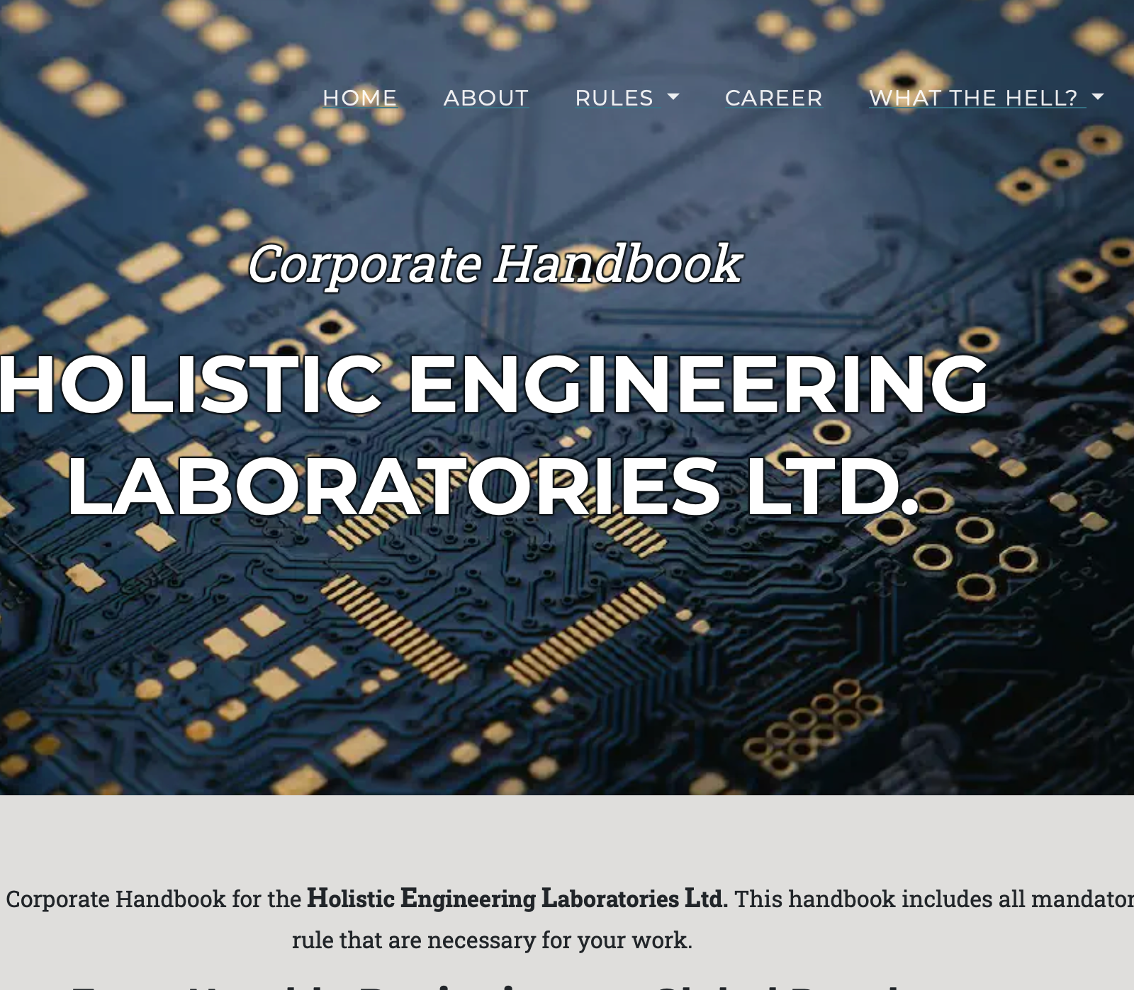 Corporate Handbook from Hell website with circuit-board background.