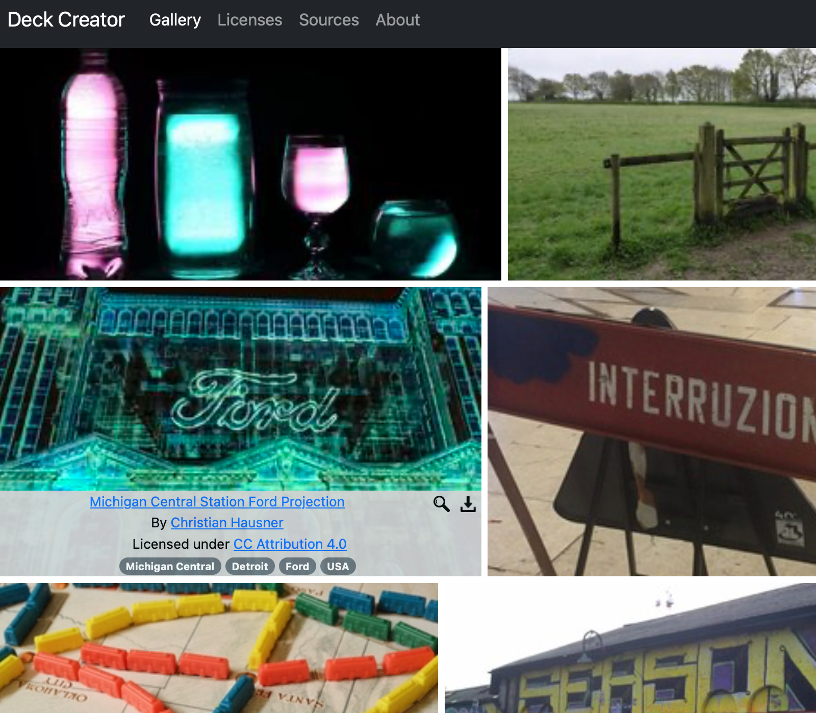 Deck Creator gallery showing a grid of photographs and attribution information.