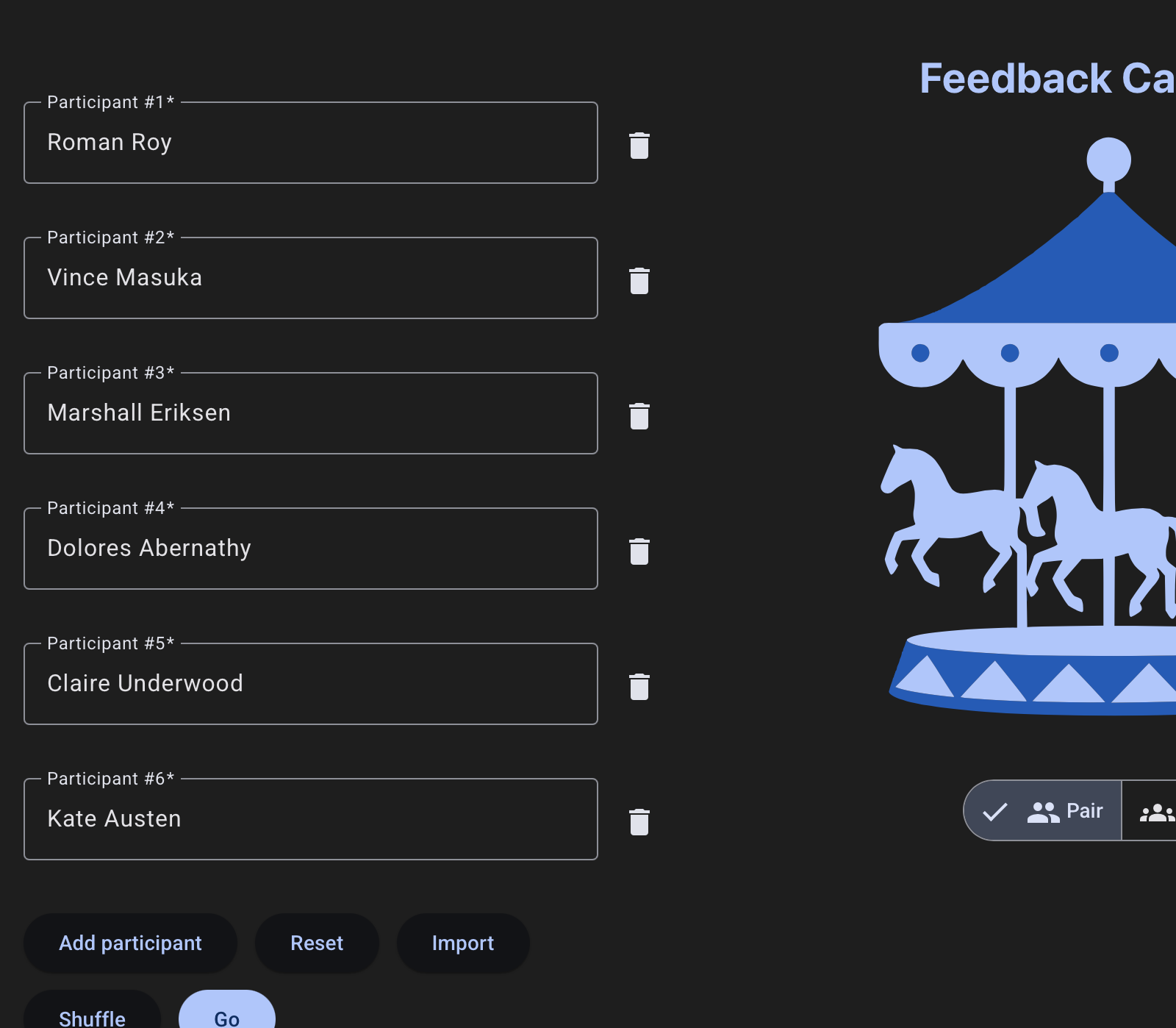Feedback Carousel interface for setting up one-to-one workshop feedback rounds.