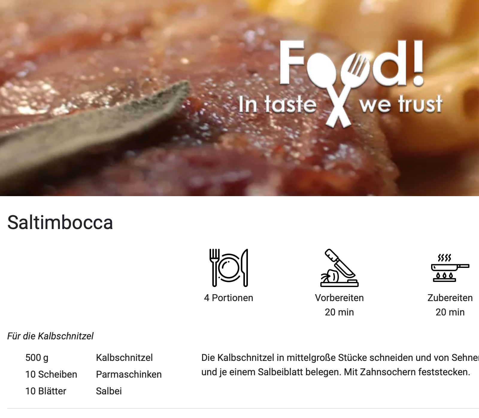 A recipe page for Saltimbocca from the Food personal cookbook.