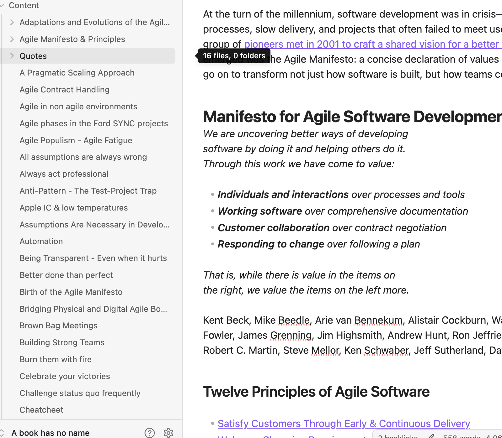 Obsidian knowledge base with linked notes and Agile content.