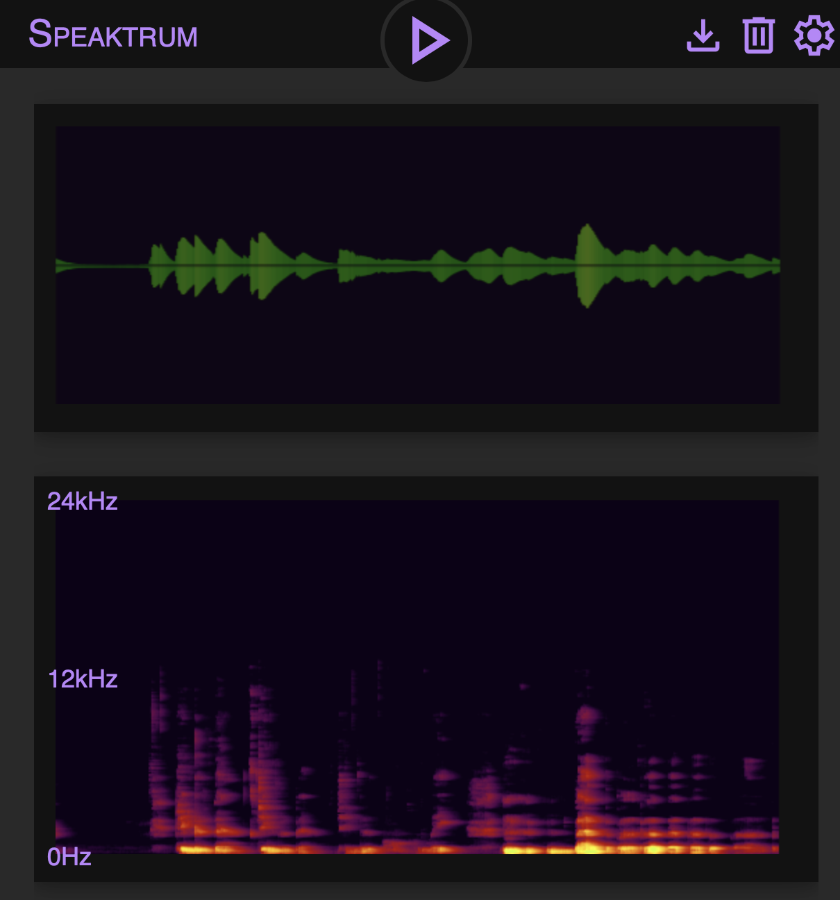 Speaktrum audio waveform and frequency spectrum visualization.